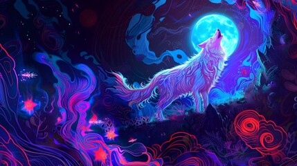 Fototapeta premium Howling Wolf Under Luminous Fantasy Moonlit Landscape