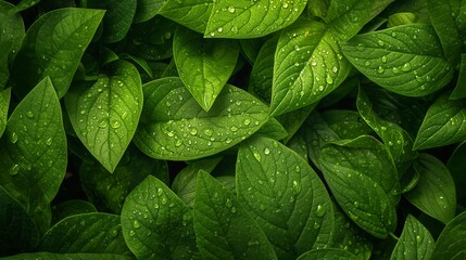 Fototapeta premium A group of green leaves with droplets of water on them. Green background
