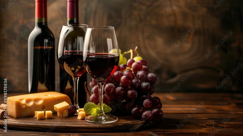 Aufkleber Two glasses of red wine and two bottles of wine are on a rustic wooden table next to a block of cheese and grapes. Generative AI