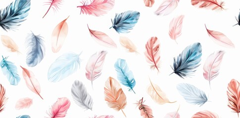 Fototapeta premium Feather designs in a soft and light seamless boho pattern, rendered in watercolor style