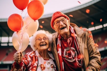 Obraz premium Elderly couple, cheerful, holding red, white balloons, outdoor stadium, celebrating, smiling, love, happy, festive, sports fan concept