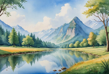 Obraz premium Watercolor painting of a serene landscape. 