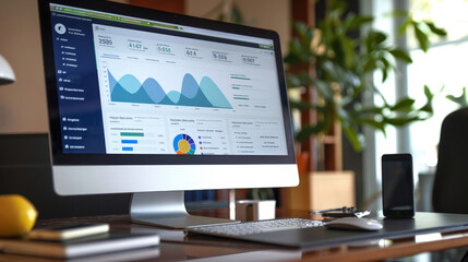 Office desk with computer displaying graphs and charts for data analysis.