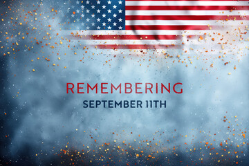Patriotic design featuring the American flag with a textured background and scattered debris, symbolizing remembrance and reflection for September 11th.
