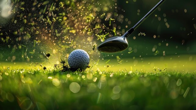 Against the vibrant backdrop of the golf course, the close-up shot reveals the intricacies of the swing as the club connects with the ball, setting it in motion
