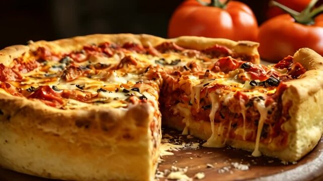 Video of delicious Chicago deep-dish pizza with Italian sausage beef rich tomato sauce peppers and melting cheese with cut out slice. Traditional American cuisine