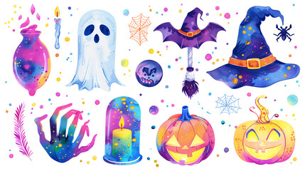 Fototapeta premium Set of isolated Halloween decoration elements in cute doodle hand-drawn watercolor illustration style on transparent background, Volume 4: Vibrant neon rainbow color tone.