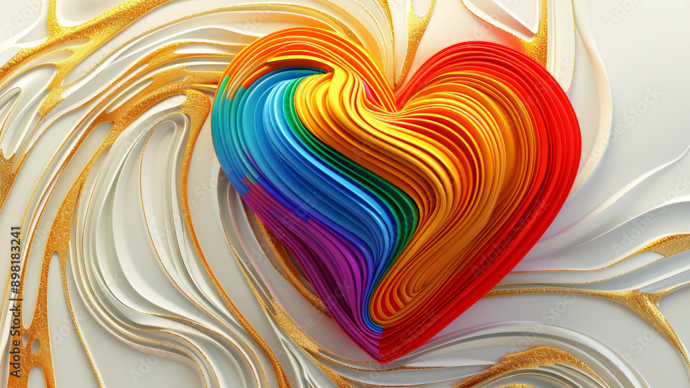 Poster abstract multicolored heart with dynamic gold lines on a flowing white background