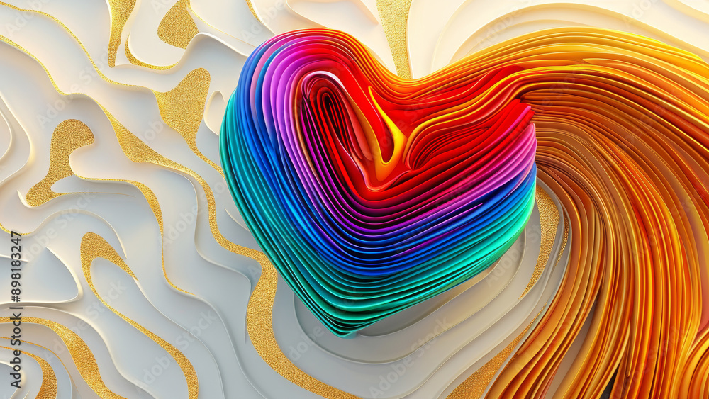 Poster abstract multicolored heart with flowing gold lines on a textured white background