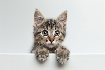 Adorable tabby kitten with big eyes, paws on white surface, curious expression, studio background,...