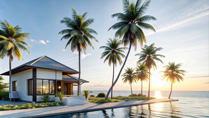 Fototapeta premium A modern, single-story house with an infinity pool sits on a tropical beach at sunset, surrounded by tall palm trees