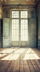 A large window in an abandoned room with sunlight streaming thro