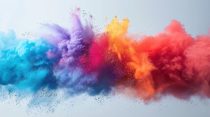 A burst of vibrant colored powder erupts, suspended in mid-air against a pristine white background, showcasing hues of cyan, magenta, yellow, and black toner in a mesmerizing display of color