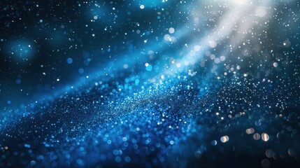 A scene of ethereal enchantment is created against the backdrop of darkness by the gentle descent of blue glitter particles in the light rays, captivating everyone in sight.
