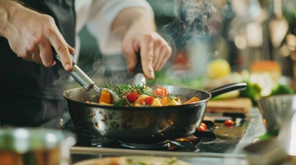 Chef Cooking Vegetables in a Pan