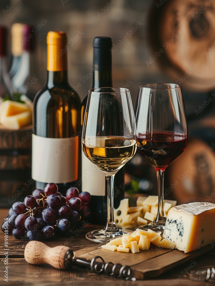 Poster a wooden table in a cozy setting is set with two wine glasses, two bottles of wine, a plate of chees