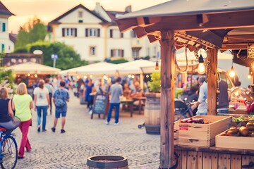 Bustling street market at sunset with people shopping and enjoying the evening atmosphere, image with copy space