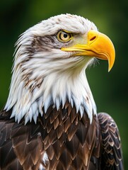 Obraz premium A close-up view of a bald eagle's head and feathers on a green background