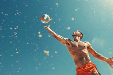 This action-packed image shows a man in orange shorts playing beach volleyball, reaching for the ball mid-air with sand particles flying around, set against a clear blue sky.