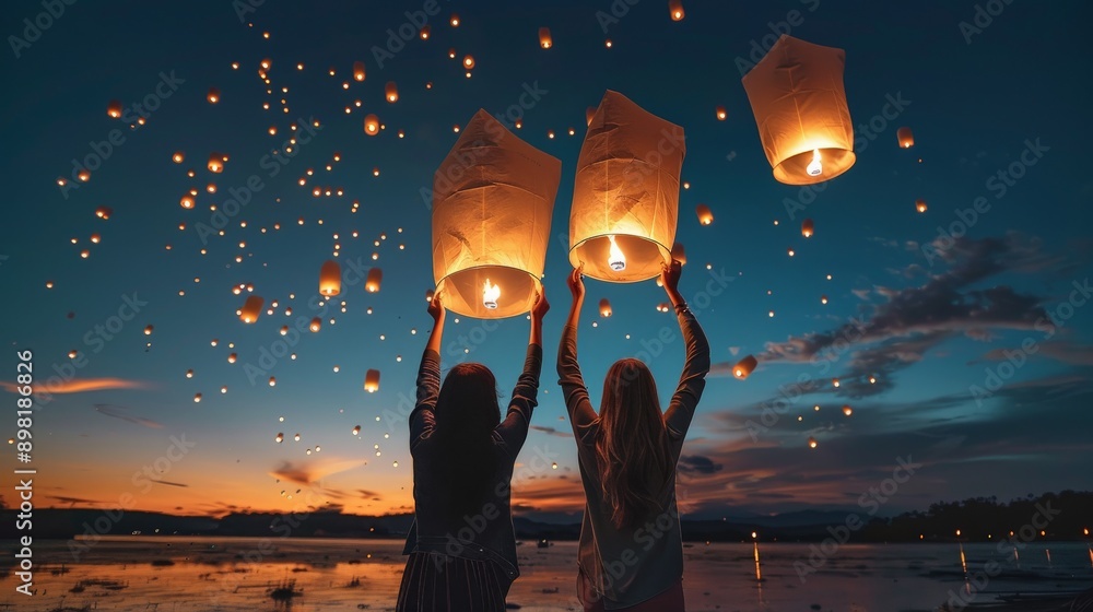 Poster Two friends in warm attire release lanterns skyward as the twilight transitions into night, standing by a tranquil lake. The sky fills with glowing lanterns creating a serene scene.