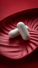 Fototapeta premium Close-up of two white capsules placed on a vibrant red surface, highlighting the contrast between the smooth capsules and the rich background.