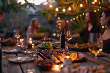 People gathered around a wooden table filled with a variety of grilled foods under string lights, enjoying a cozy, festive evening barbecue in an outdoor garden setting.
