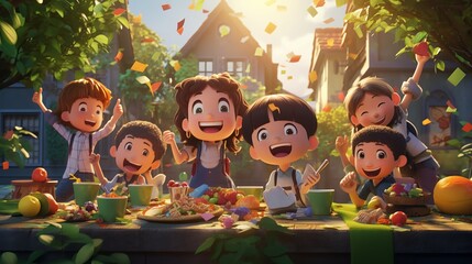 Happy and joyful children eating healthy food in the schoolyard. Back to school concept
