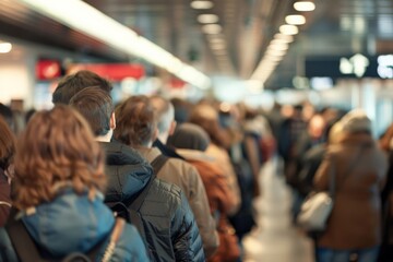 A crowd of travelers fills a bustling airport terminal, with many individuals seen from behind as they move forward, highlighting the dynamic rhythm of travel.
