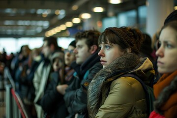 Fototapeta premium A young woman in a crowded space appears thoughtful and alert, reflecting emotions of contemplation, curiosity, and vigilance in a busy public environment.