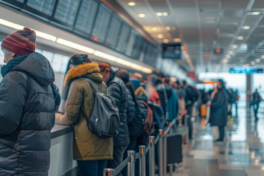 A long line of passengers wearing winter clothes wait at the airport check-in counter, showcasing the busy and organized process of checking in for flights.
