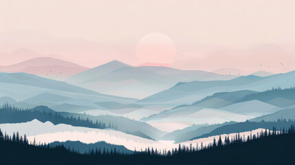 Minimalist landscapes with muted colors and simple forms