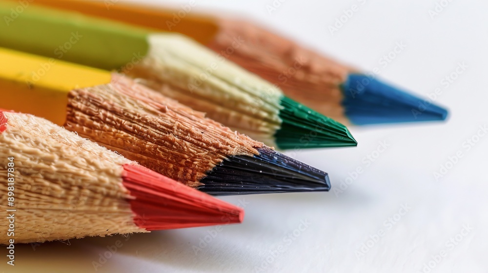Poster macro photograph of vibrant colored pencil tips aligned on a white surface, emphasizing texture and 