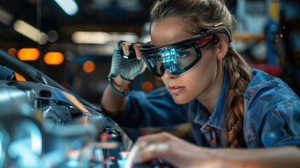 A futuristic mechanic with AR Glasses transforms traditional car repair into an advanced endeavor Precision and innovation are the hallmarks of this futuristic endeavor
