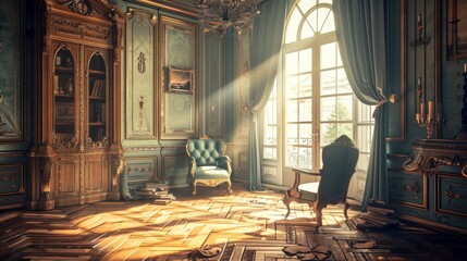 A sunlit grand room with antique furniture and a sense of stilln