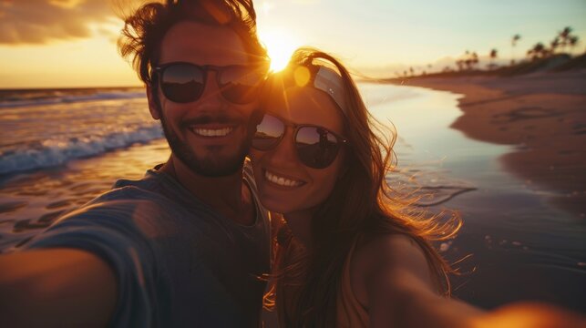 A couple takes a selfie on a beach as the golden sunset paints the sky, capturing a fun and joyful moment filled with warmth and the beauty of nature's vivid colors.