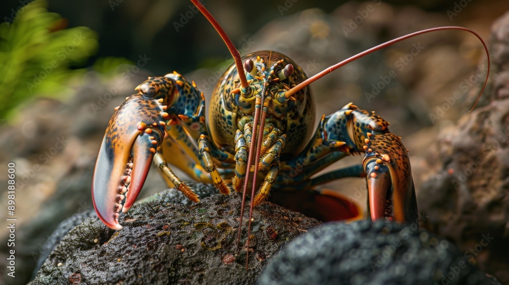 Poster a beautifully detailed close-up of a colorful, vivid lobster with its claws raised, perched on a roc