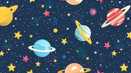 Colorful Planets and Stars Seamless Pattern.