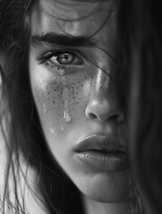 Obraz premium Close up black and white image of a sad teenage girl with tears in her eyes and freckles on her face
