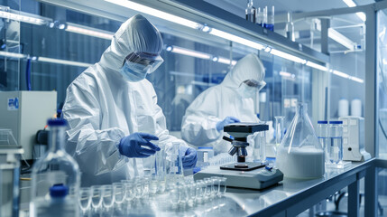 Fototapeta premium Researchers working on innovative medical devices in a sterile lab