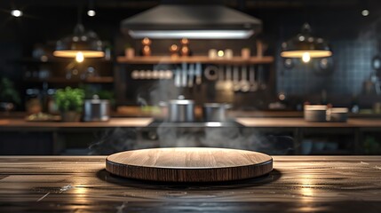 Obraz premium Wooden Tabletop with Blurred Kitchen Background.