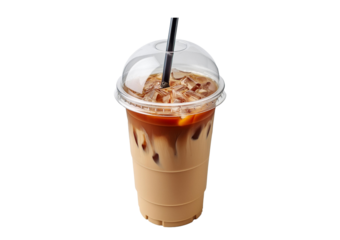 Iced cold coffee latte in plastic cup isolated on transparent and white background.