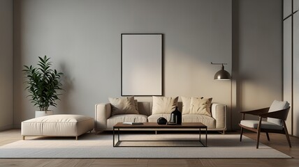 Aesthetic bright sunny elegant home living room interior design with comfortable lounge chair, hat, side table, flowers bouquet, shelf with decorations. interior design