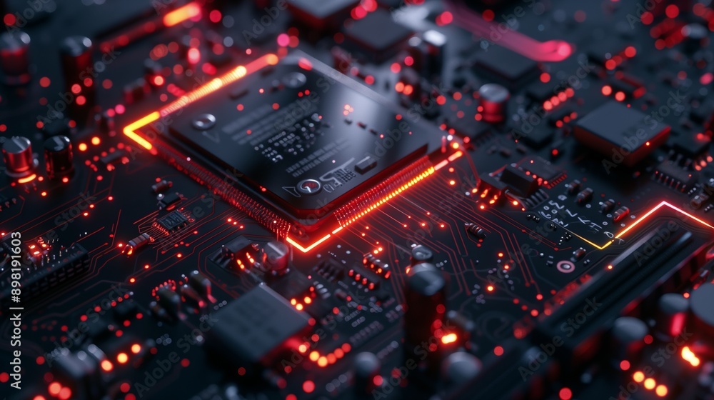 Poster detailed view of an advanced circuit board illuminated with red lights, highlighting intricate compo