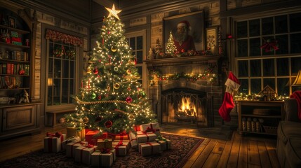 Fototapeta premium Warm and festive living room featuring a decorated Christmas tree, glowing fireplace, and wrapped presents, creating a cozy holiday atmosphere.