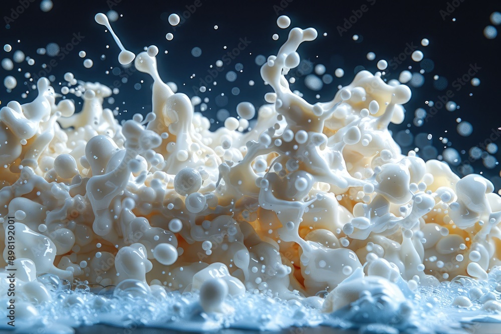 Poster a close-up of a white liquid splashing and creating bubbles