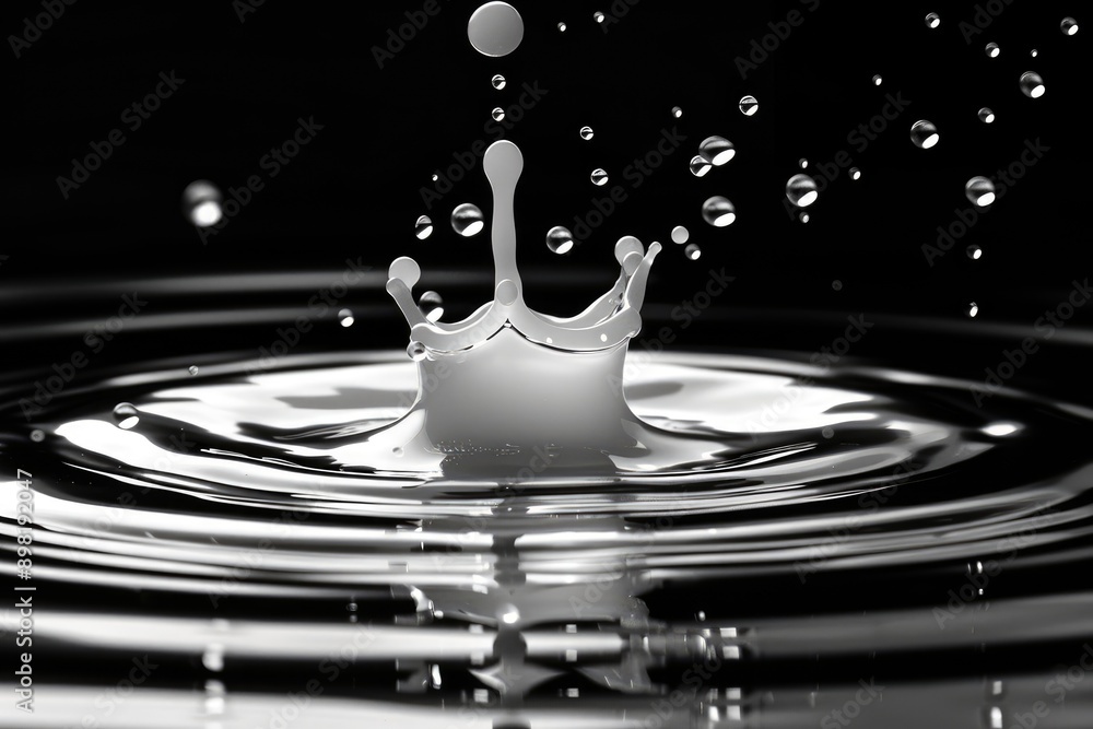 Poster water droplet splashing into a pool of water creating ripples and smaller droplets