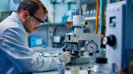 Technician calibrating precision instruments in an industrial lab