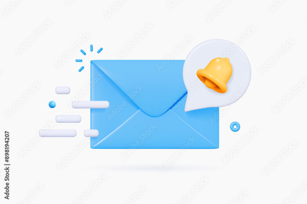 Poster 3d closed blue envelope with speech bubble and bell. new message notification. send letter by email.