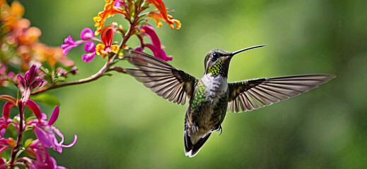 Fototapeta premium Hummingbird flying on blurred background.