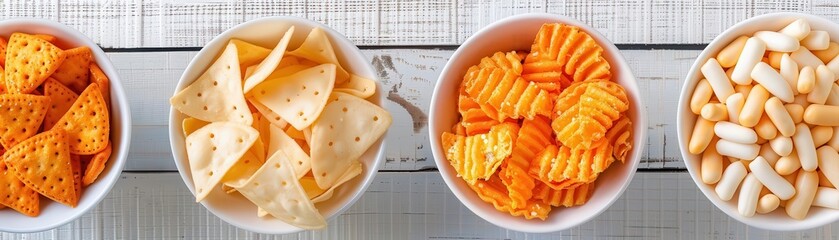 Assortment of crispy fried snacks in white bowls, perfect for party snacking.